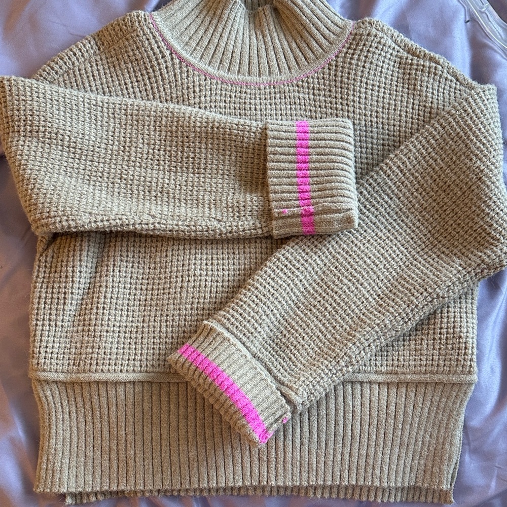 By Together Tan Sweater with Pink Highlights